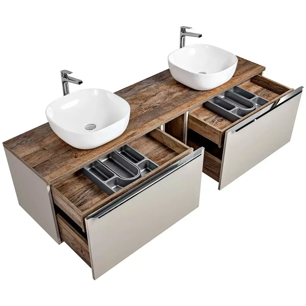 Lomadox Badmöbel Serie PUEBLA-56-TAUPE in taupe mit Vintage Eiche - selbst zusammenstellen 50% Rabatt mit kostenlosem Versand