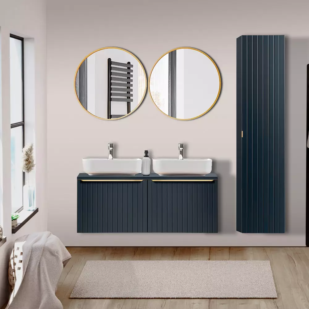 Lomadox Badezimmer Möbel Serie PUEBLA-56-BLUE in Indigo Blau mit goldenen Griffen - selbst zusammenstellen Clearance-Verkauf