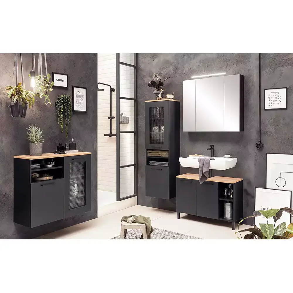 Lomadox Badmöbel Serie MASON-80 in schwarz matt mit Eiche - selbst zusammenstellen
