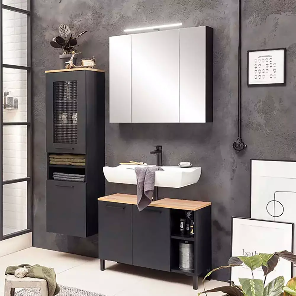 Lomadox Badmöbel Serie MASON-80 in schwarz matt mit Eiche - selbst zusammenstellen Online