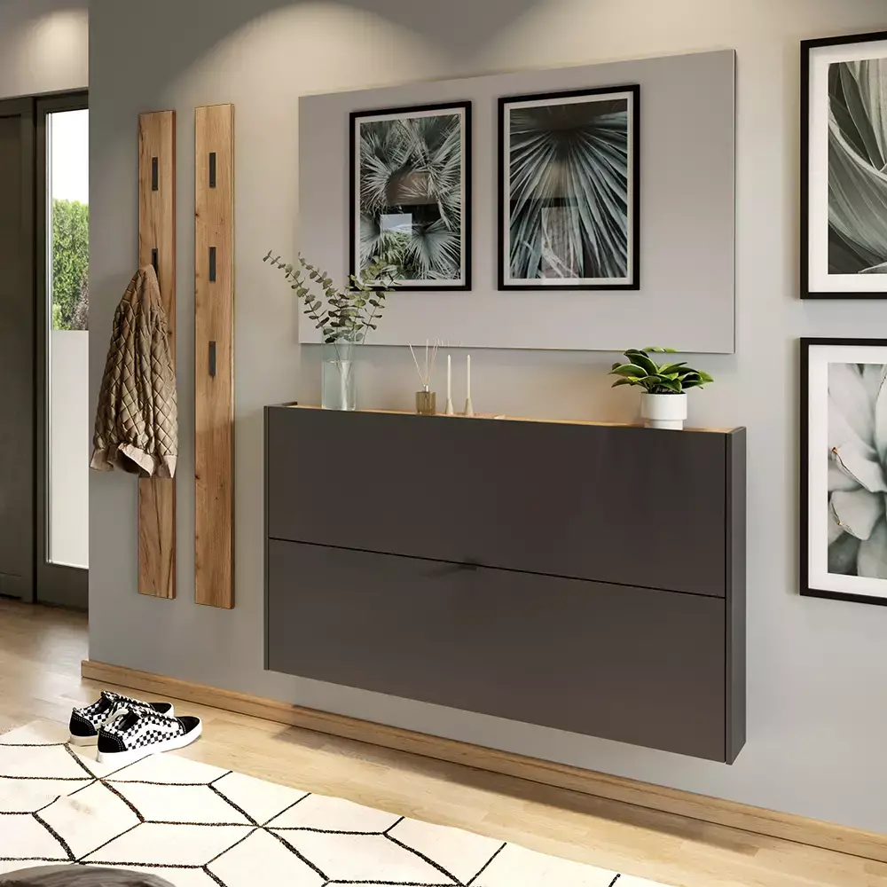 Lomadox Flurschrank Schuhschrank 140cm in grau mit Eiche ABERDEEN-01 ideal für schmale Flure Auslauf