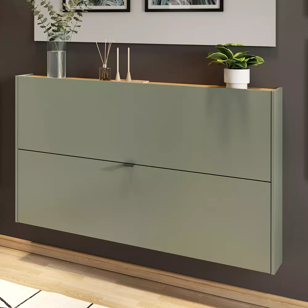 Lomadox Flurschrank Schuhschrank 140cm in grün mit Eiche ABERDEEN-01 ideal für schmale Flure