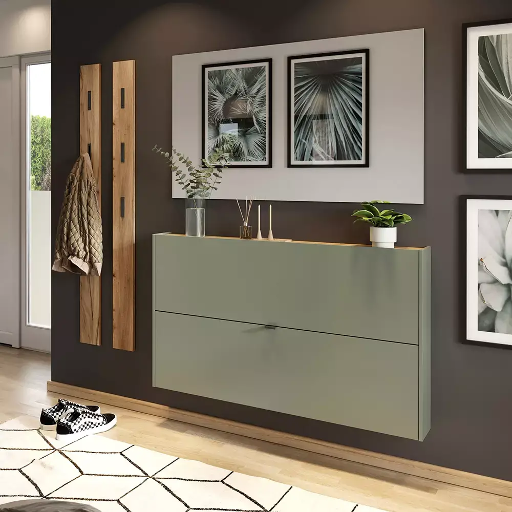 Lomadox Flurschrank Schuhschrank 140cm in grün mit Eiche ABERDEEN-01 ideal für schmale Flure Verkauf