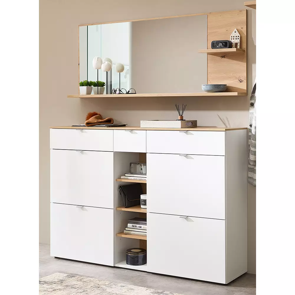 Lomadox Flurschrank und Garderobenspiegel weiß matt mit Eiche BLISS-36
