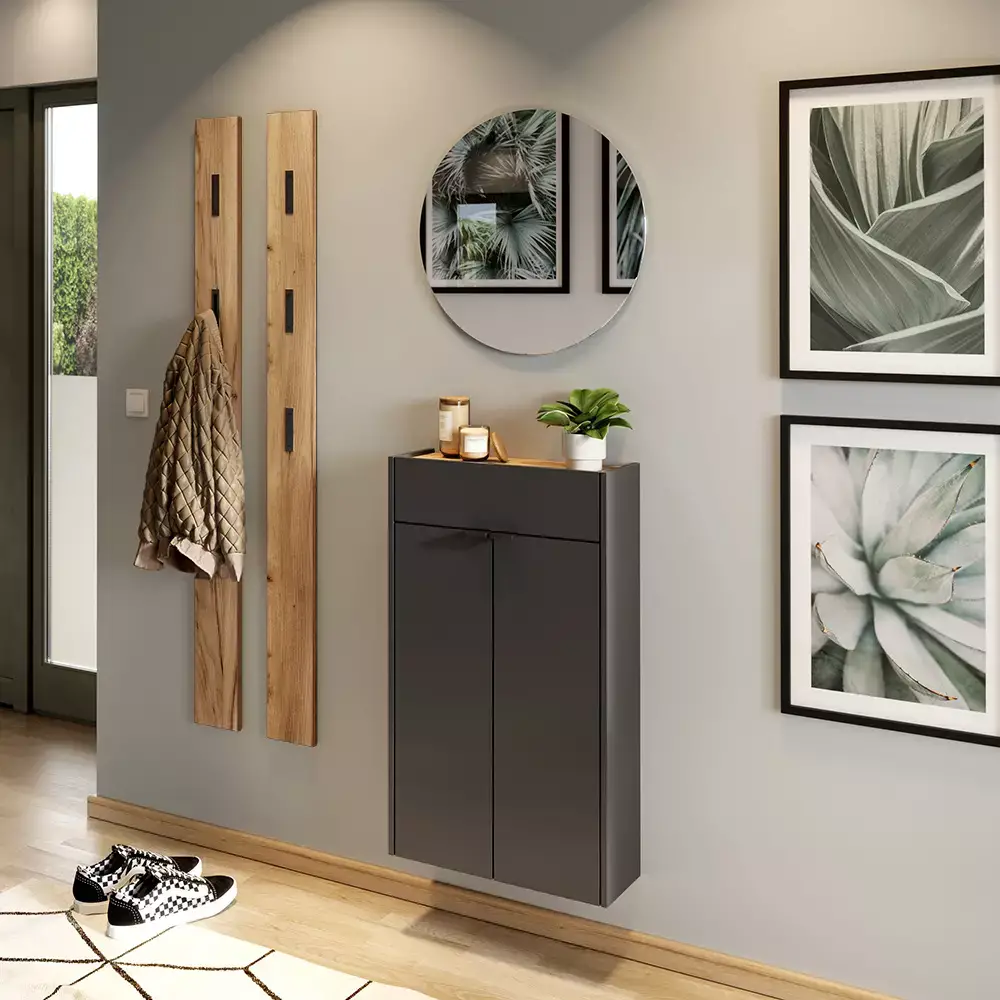 Lomadox Garderobe Flurgarderobe schmal in grau mit Eiche ABERDEEN-01 modern 4-teilig mit 2 Garderobenpaneelen