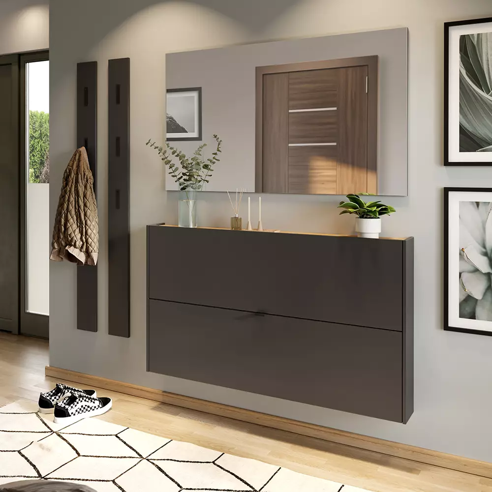 Lomadox Garderobe Flurgarderobe schmal in grau mit Eiche ABERDEEN-01 modern 4-teilig mit 2 Garderobenpaneelen