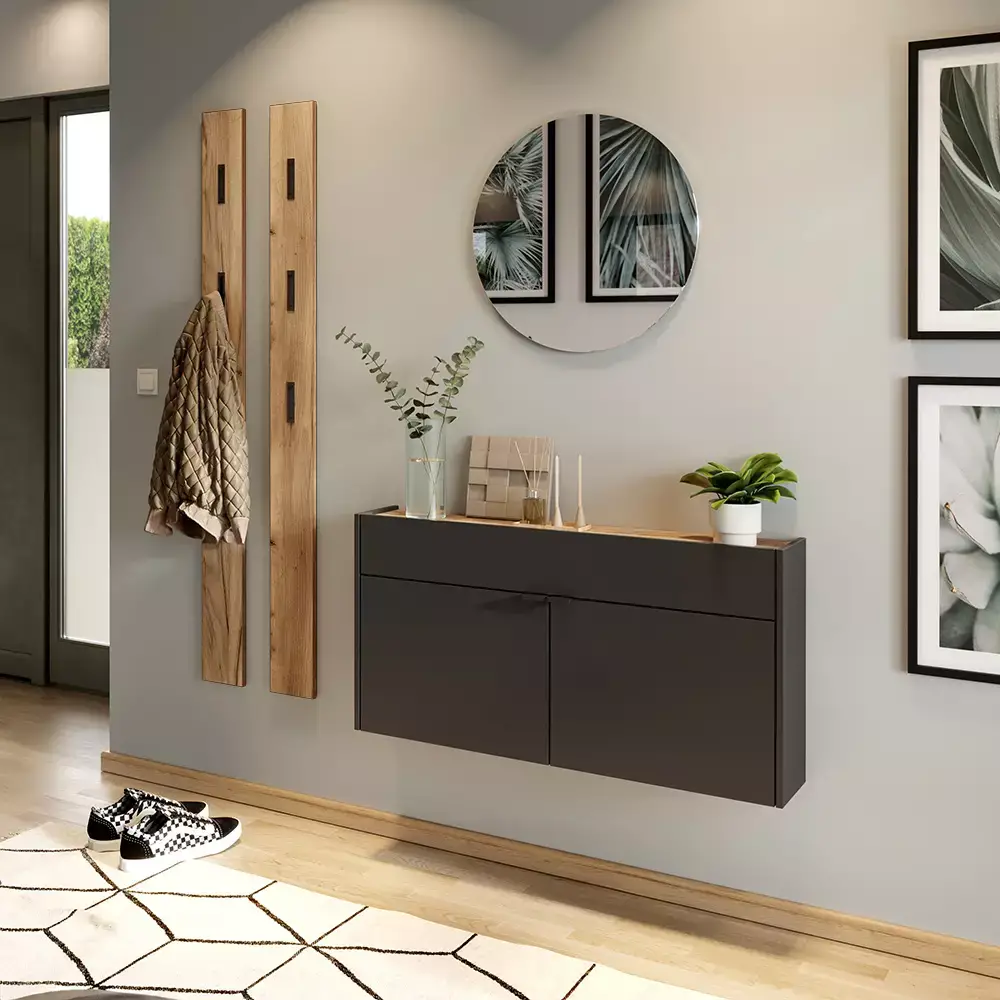Lomadox Garderobe Flurgarderobe schmal in grau mit Eiche ABERDEEN-01 modern 4-teilig mit 2 Garderobenpaneelen