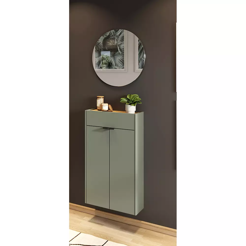 Lomadox Garderobe Flurgarderobe schmal in grün mit Eiche ABERDEEN-01 modern 2-teilig mit Schuhschrank und Spiegel