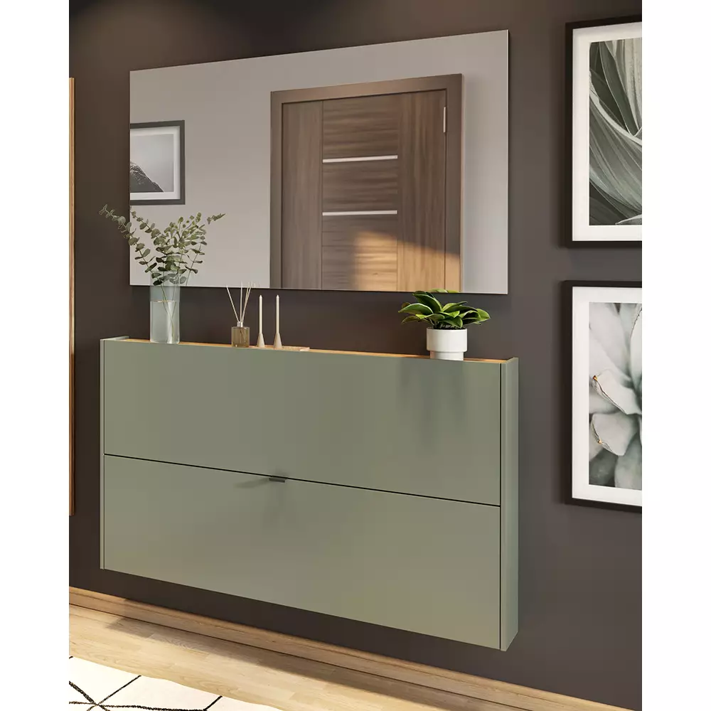 Lomadox Garderobe Flurgarderobe schmal in grün mit Eiche ABERDEEN-01 modern 2-teilig mit Spiegel