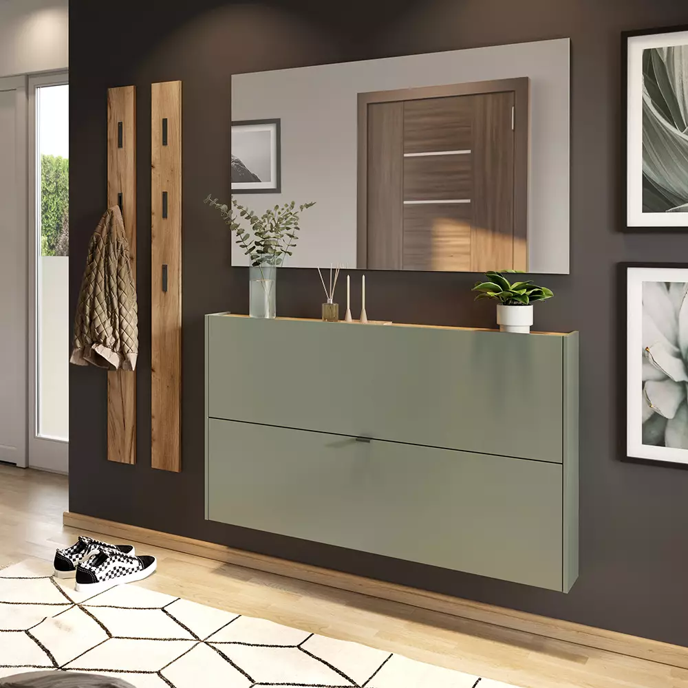 Lomadox Garderobe Flurgarderobe schmal in grün mit Eiche ABERDEEN-01 modern 4-teilig mit 2 Garderobenpaneelen