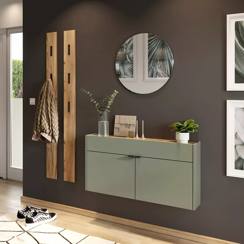 Lomadox Garderobe Flurgarderobe schmal in grün mit Eiche ABERDEEN-01 modern 4-teilig mit 2 Garderobenpaneelen