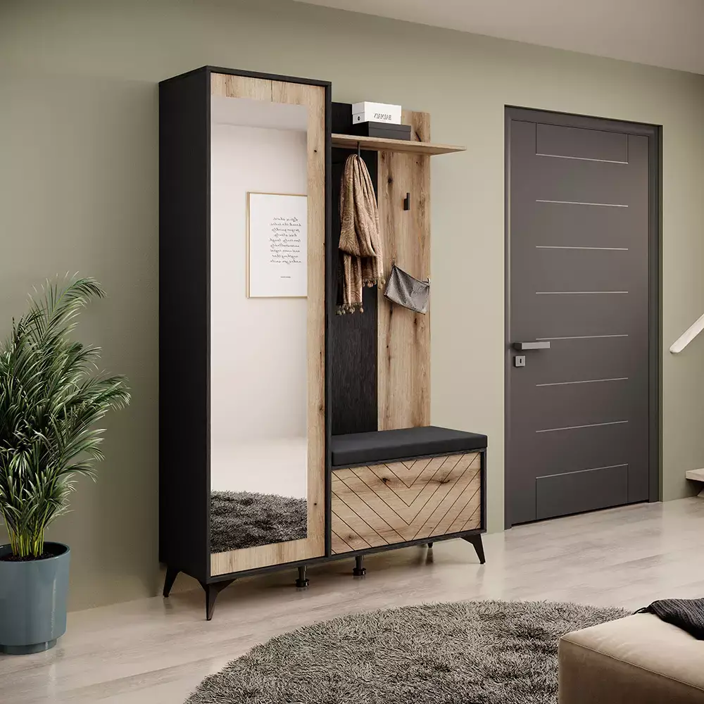 Lomadox Garderobe mit Sitzbank inklusive Polster schwarz, Eiche DALE-160