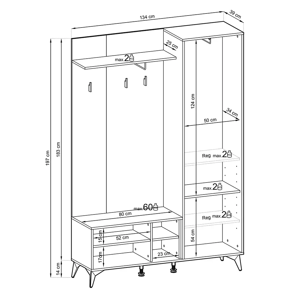 Lomadox Garderobe mit Sitzbank inklusive Polster schwarz, Eiche DALE-160 Neueste Mode