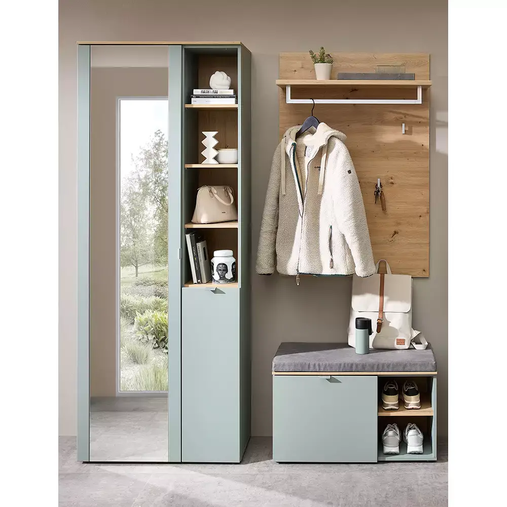 Lomadox Garderobe modern 3-teilig mit Garderobenpaneel grün matt mit Eiche BLISS-36
