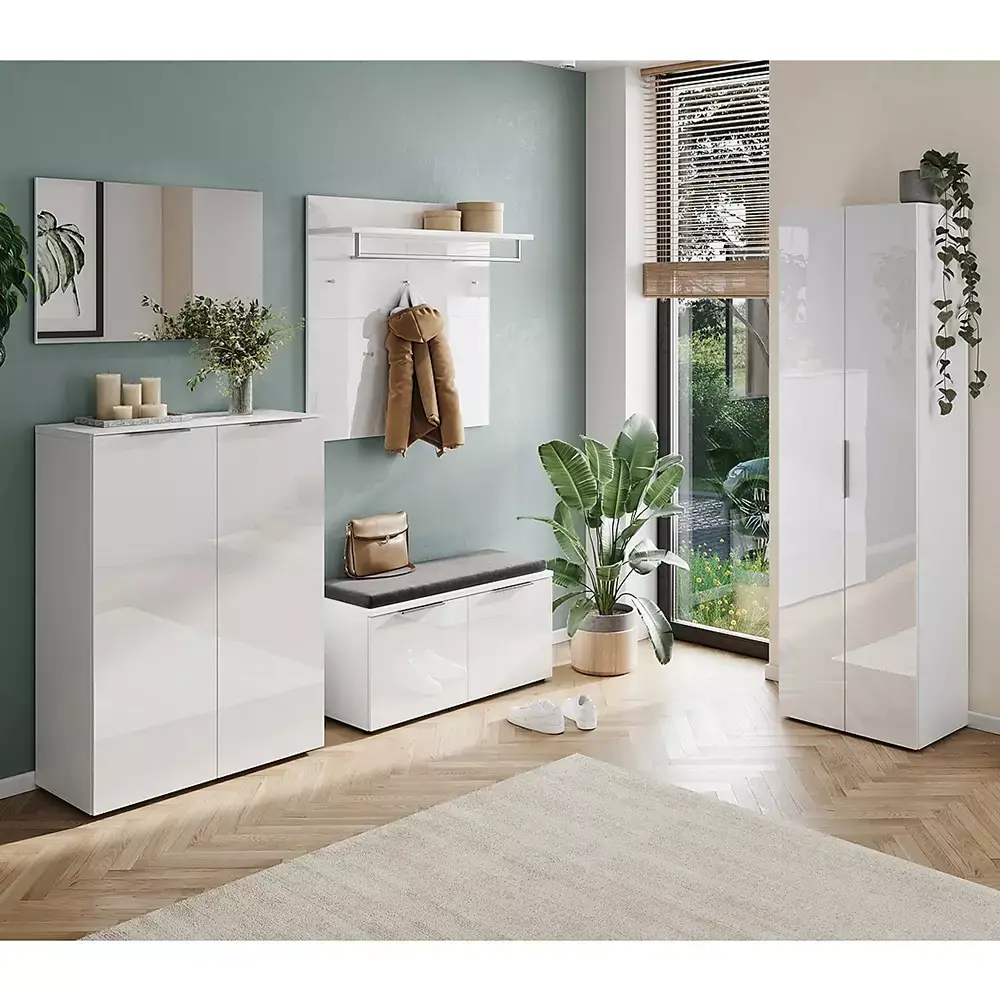 Lomadox Garderoben Set 5-teilig weiß mit Glasfronten inkl. Sitzpolster GENEVA-01