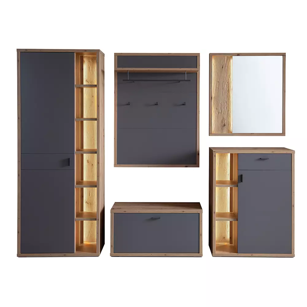 Lomadox Garderoben Set 5-teilig, optionale Beleuchtung, grau matt, Eiche LAKELAND-05