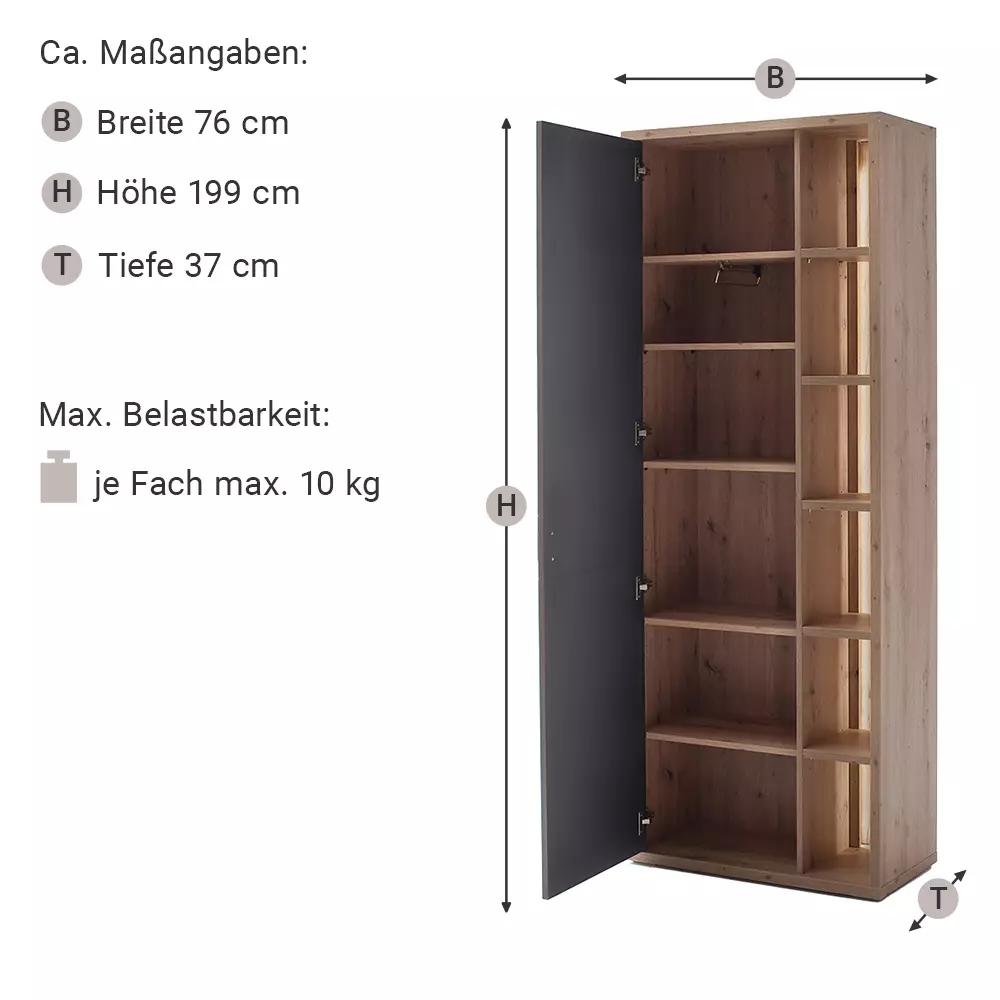 Lomadox Garderoben Set 5-teilig, optionale Beleuchtung, grau matt, Eiche LAKELAND-05 Neuheiten