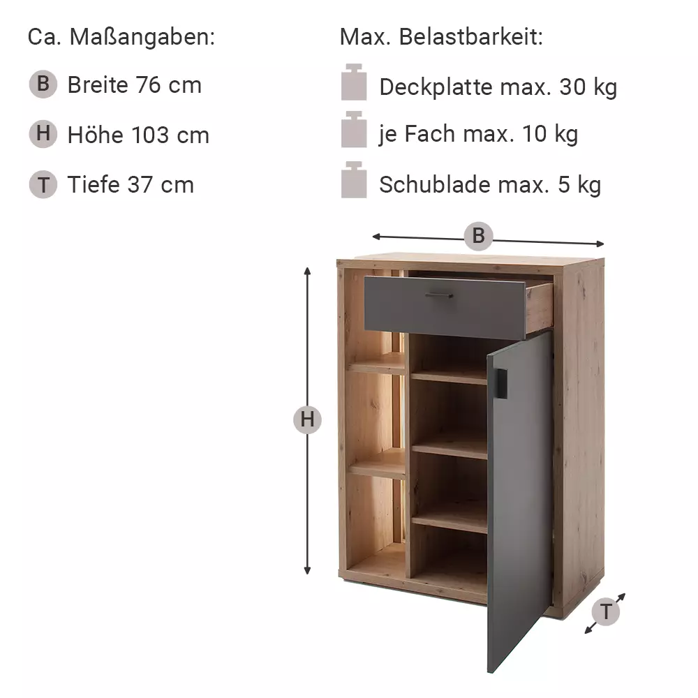 Lomadox Garderoben Set 5-teilig, optionale Beleuchtung, grau matt, Eiche LAKELAND-05 Neuheiten