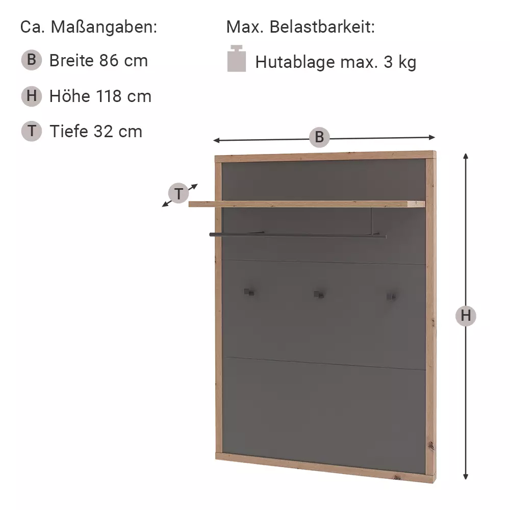 Lomadox Garderoben Set 6-teilig, optionale Beleuchtung, Garderobenbank inkl. Sitzkissen, grau matt, Eiche LAKELAND-05 Bestseller