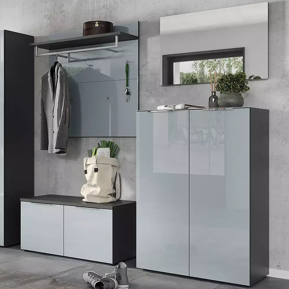 Lomadox Garderoben Set graphit 4-teilig mit Glasfront grau GENEVA-01