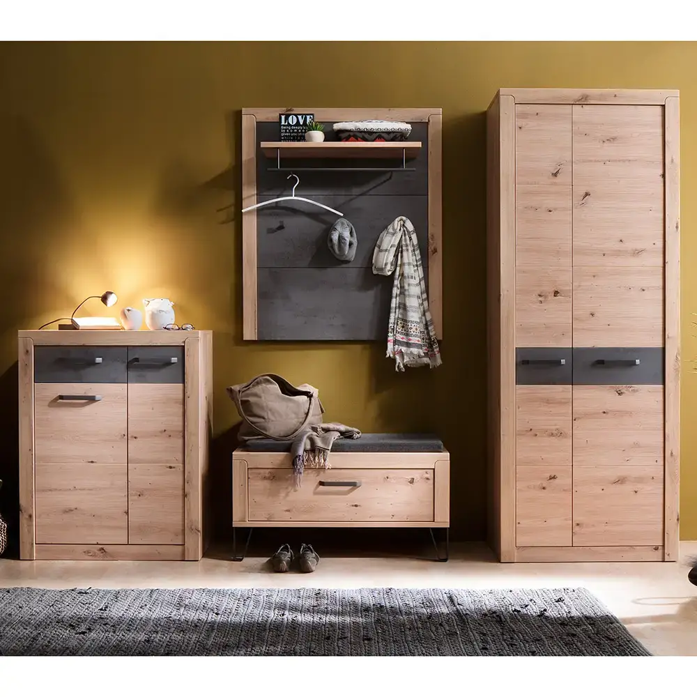 Lomadox Garderoben Set mit Garderobenpaneel Eiche mit grau IOLA-05, 4-teilig