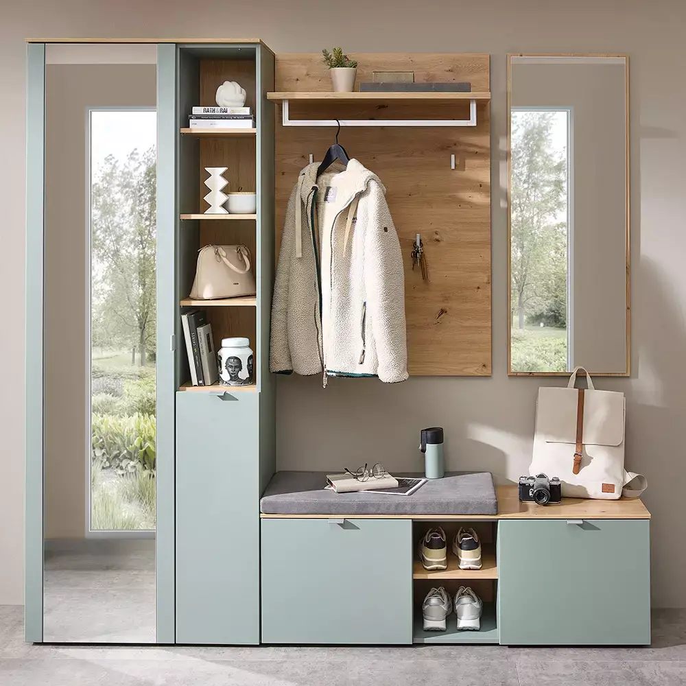 Lomadox Garderoben Set mit Garderobenschrank grün matt mit Eiche BLISS-36, 4-teilig