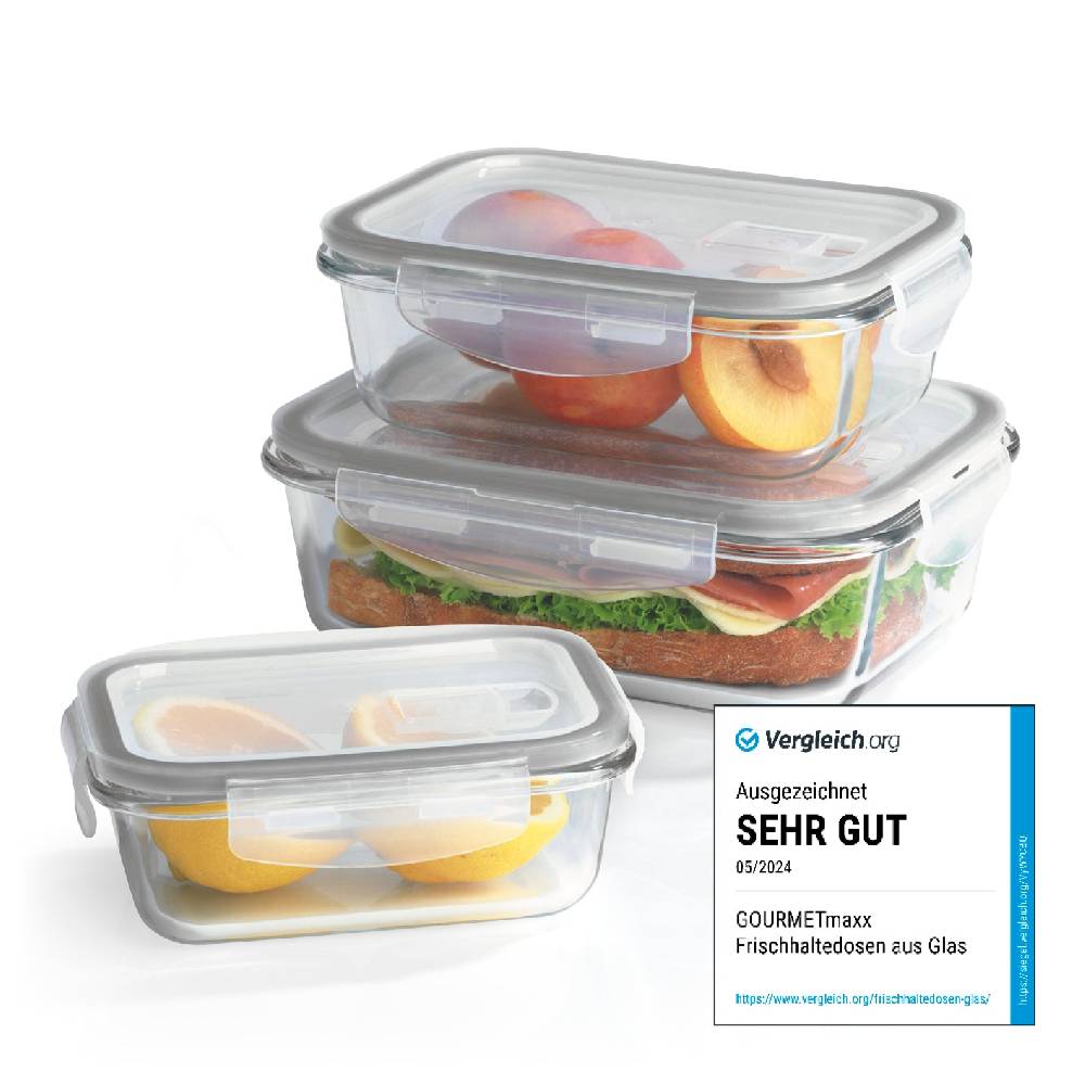 GOURMETmaxx Glas-Frischhaltedosen Klick-it mit Mikrowellen-Ventil - 6-teilig - grau