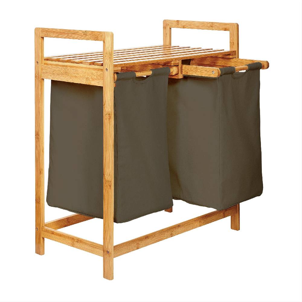 LUMALAND Bambus Wäschekorb mit 2 ausziehbaren Wäschesacken - 73 x 64 x 33 cm - Oliv