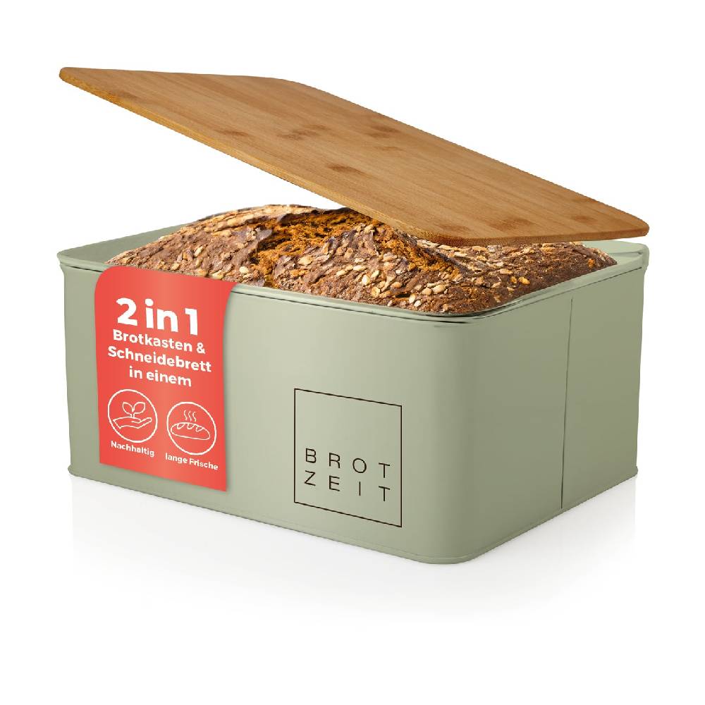 LUMALAND Cuisine Brotkasten aus Metall mit Bambus Deckel - Rechteckig 30,5 x 23,5 x 14 cm - Mintgrün