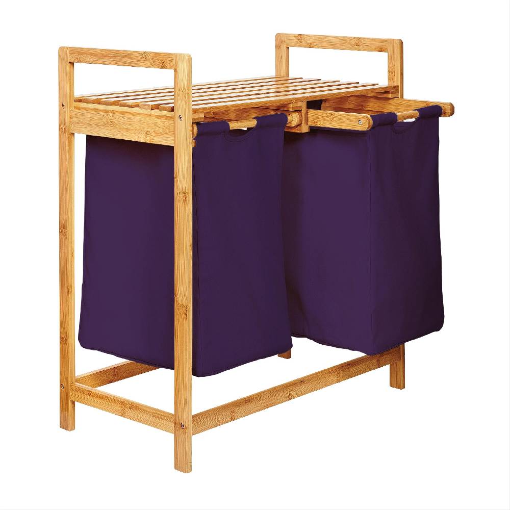 LUMALAND Bambus Wäschekorb mit 2 ausziehbaren Wäschesacken - 73 x 64 x 33 cm - Lila