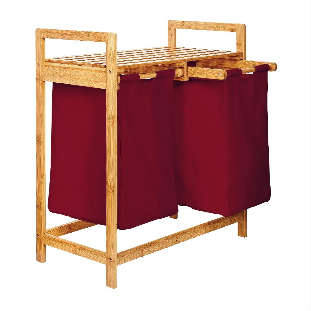 LUMALAND Bambus Wäschekorb mit 2 ausziehbaren Wäschesacken - 73 x 64 x 33 cm - Dunkelrot