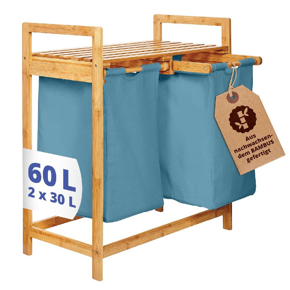 LUMALAND Bambus Wäschekorb mit 2 ausziehbaren Wäschesacken - 73 x 64 x 33 cm - Blau