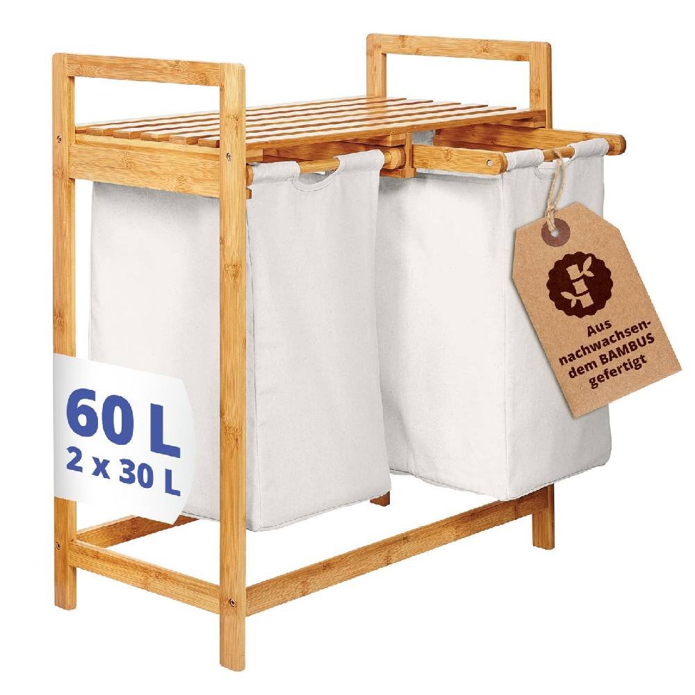 LUMALAND Bambus Wäschekorb mit 2 ausziehbaren Wäschesacken - 73 x 64 x 33 cm - Weiß 50% Rabatt für begrenzte Zeit