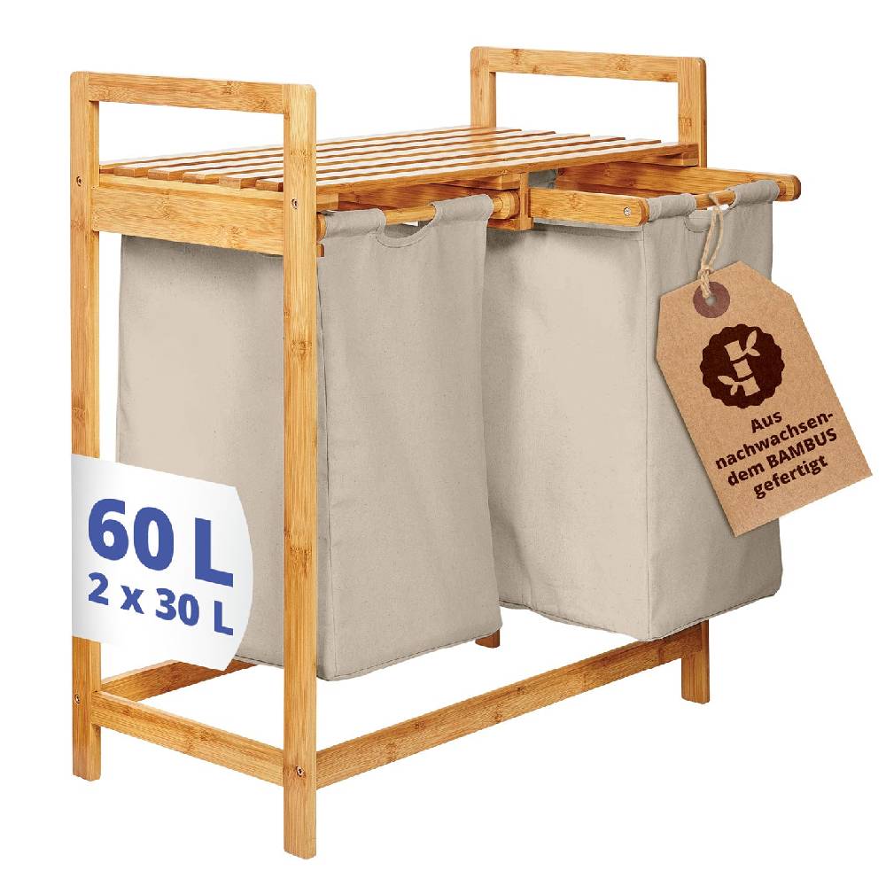 LUMALAND Bambus Wäschekorb mit 2 ausziehbaren Wäschesacken - 73 x 64 x 33 cm - Grau Rabatte dieses Monats