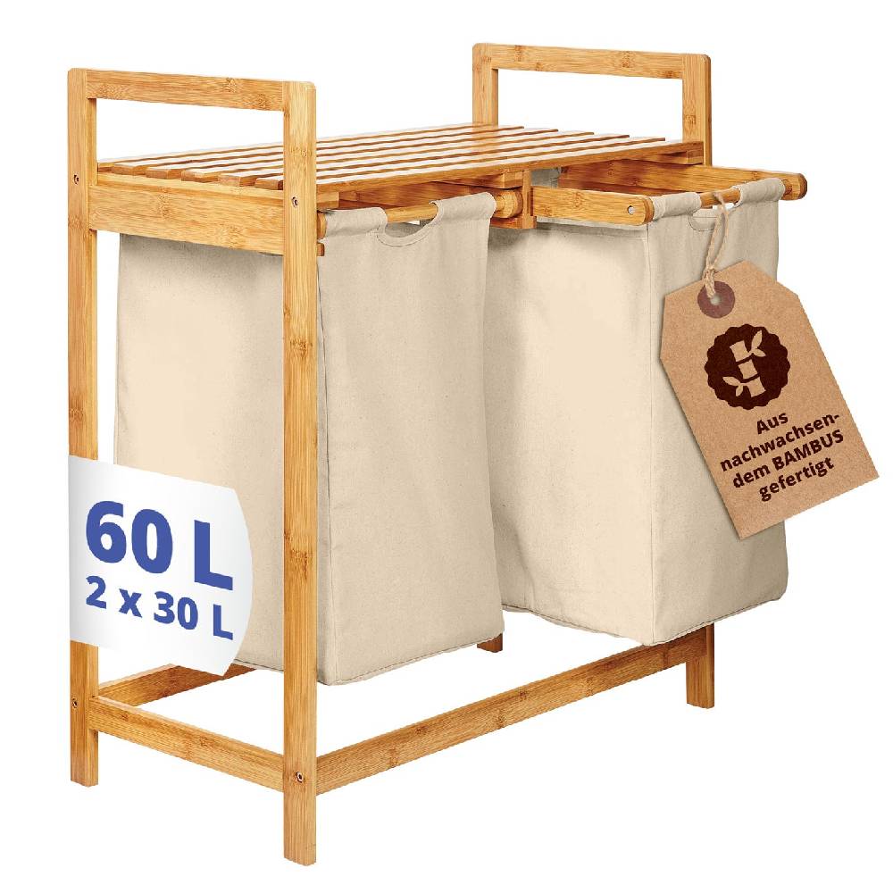 LUMALAND Bambus Wäschekorb mit 2 ausziehbaren Wäschesacken - 73 x 64 x 33 cm - Beige Limitierter Zeitrabatt