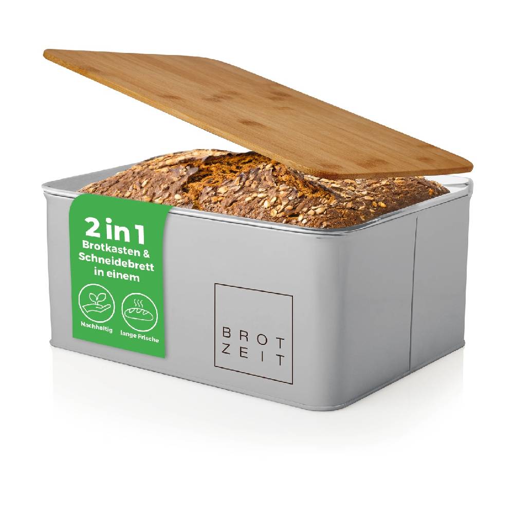 LUMALAND Cuisine Brotkasten aus Metall mit Bambus Deckel - Rechteckig 30,5 x 23,5 x 14 cm - Hellgrau Fabrik Onlineshop