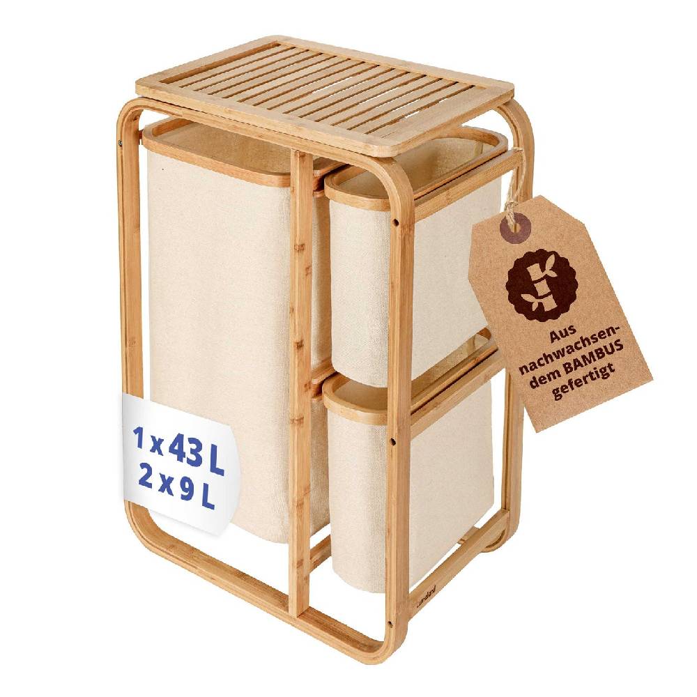 LUMALAND Bambus Wäschekorb - 1 XL Fach + 2 Kompaktfächer - 49,5 x 33 x 71 cm - Beige