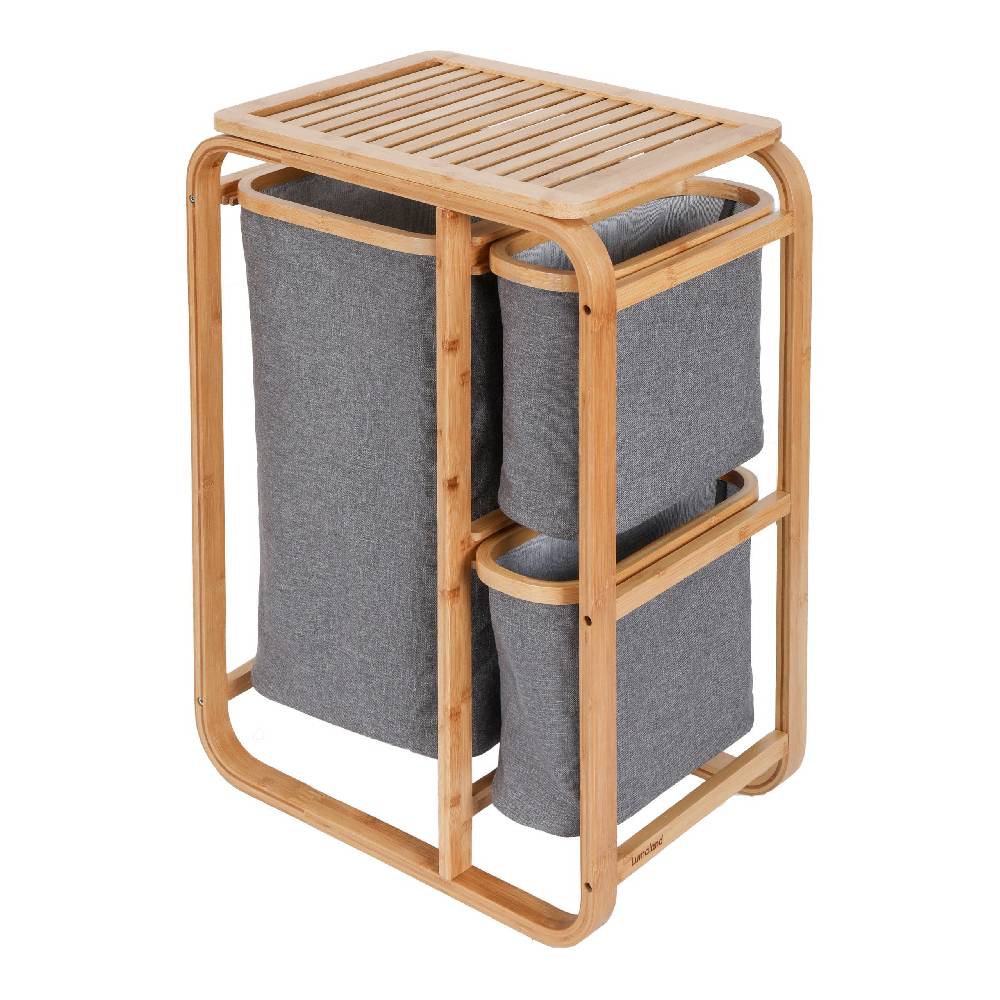 LUMALAND Bambus Wäschekorb - 1 XL Fach + 2 Kompaktfächer - 49,5 x 33 x 71 cm - Grau