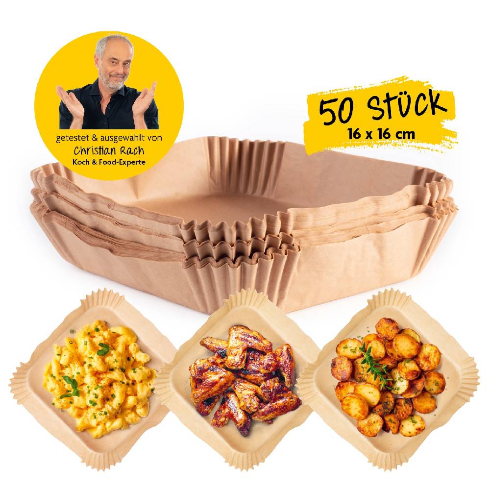 Rachs KOCHWERK Backpapierschalen für Heißluftfritteusen (2–5 l) mit 2 Rezeptideen - 50 Stück à 16 x 16 x 4,5 cm