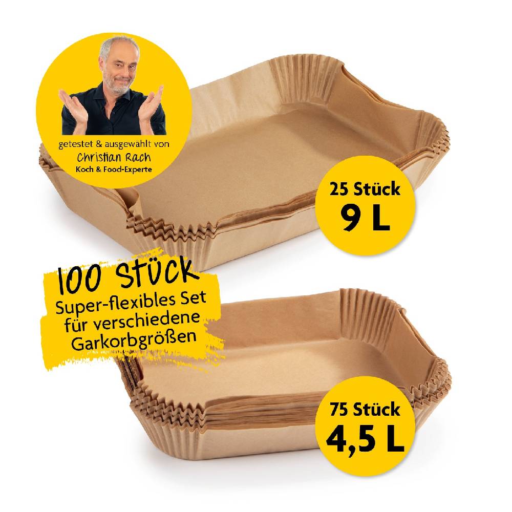 Rachs KOCHWERK Backpapierschalen für Heißluftfritteusen 2er-Set (4,5 & 9 Liter) mit 2 Rezeptideen - 100 Stück