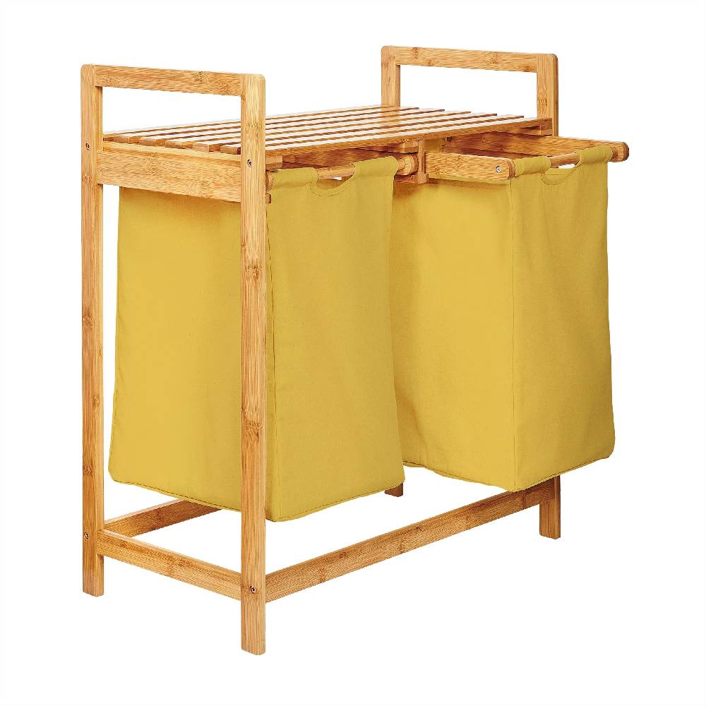 LUMALAND Bambus Wäschekorb mit 2 ausziehbaren Wäschesacken - 73 x 64 x 33 cm - Gelb