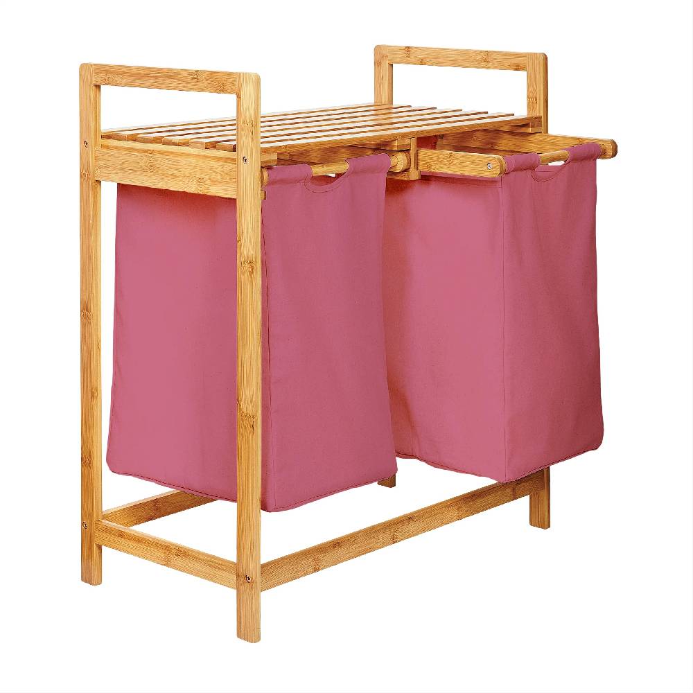 LUMALAND Bambus Wäschekorb mit 2 ausziehbaren Wäschesacken - 73 x 64 x 33 cm - Rosa