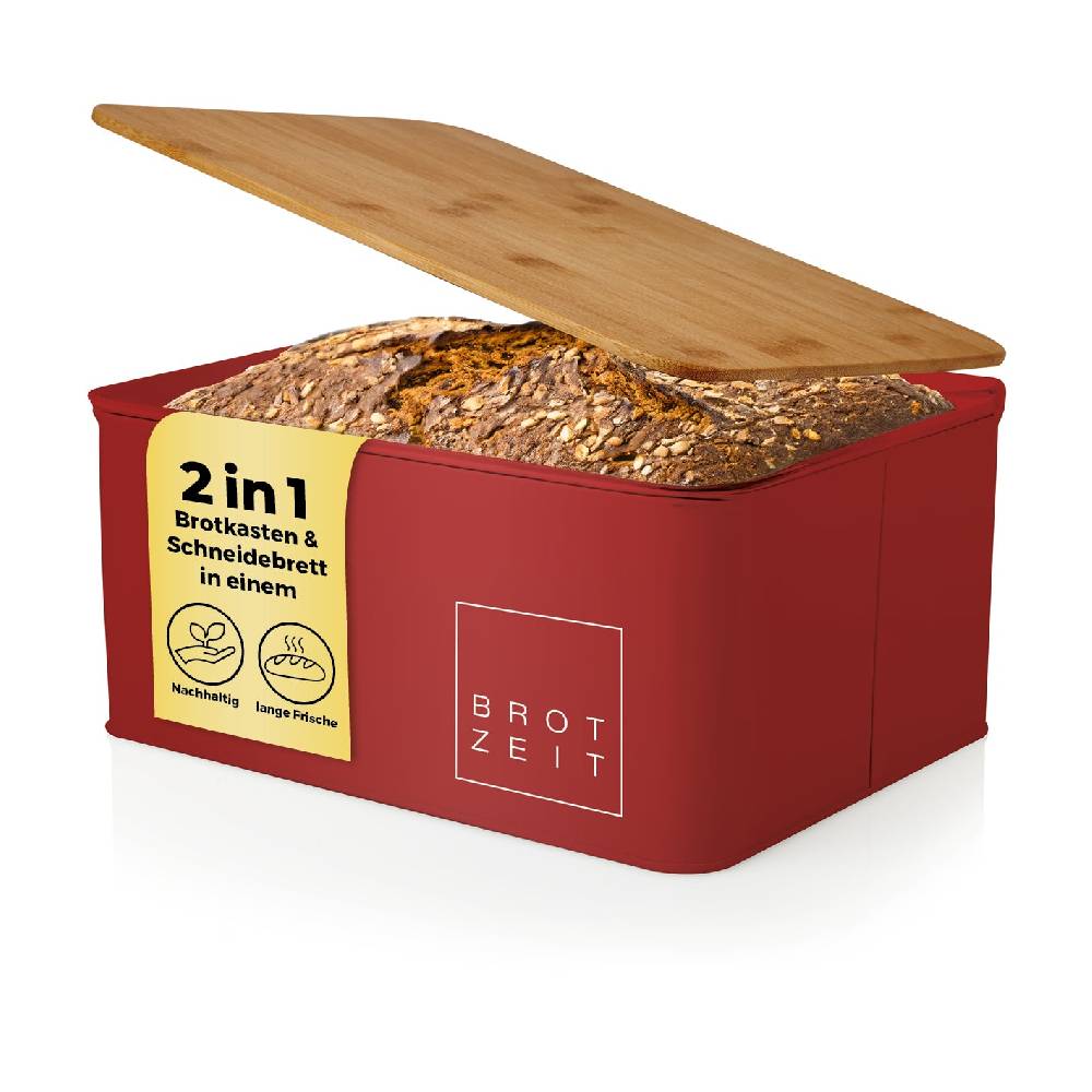 LUMALAND Cuisine Brotkasten aus Metall mit Bambus Deckel - Rechteckig 30,5 x 23,5 x 14 cm - Rot