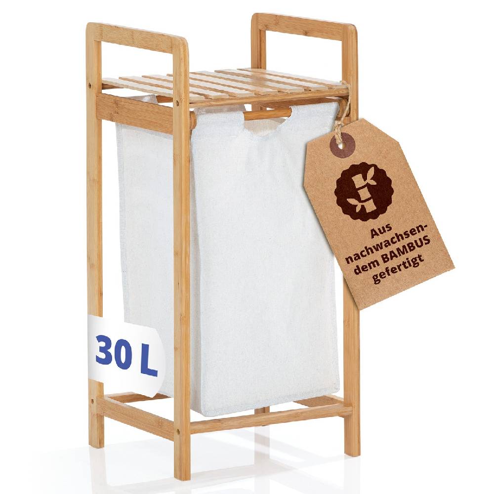 LUMALAND Bambus Wäschekorb mit ausziehbarem Wäschesack - 33 x 33 x 73 cm - Weiß