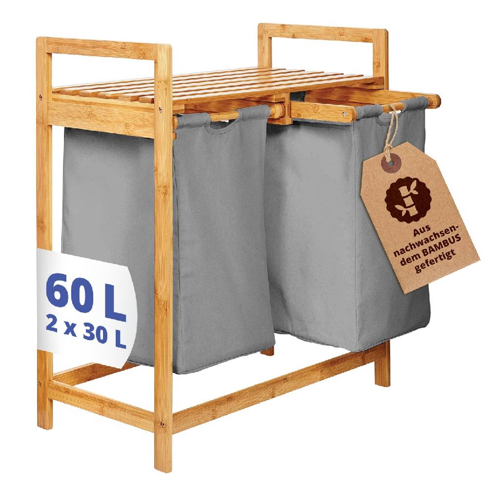 LUMALAND Bambus Wäschekorb mit 2 ausziehbaren Wäschesacken - 73 x 64 x 33 cm - Dunkelgrau