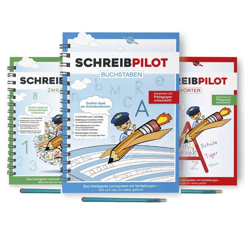 SCHREIBPILOT Heft-Set Buchstaben, Zahlen & Wörter mit Bleistift/Radiergummi - DIN-A4