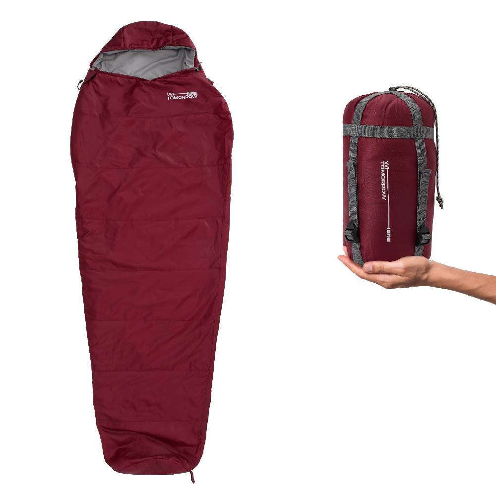 Where Tomorrow Camping Schlafsack Small & Light - Mumienschlafsack mit Tasche - 220 x 80 x 50 cm - Rot