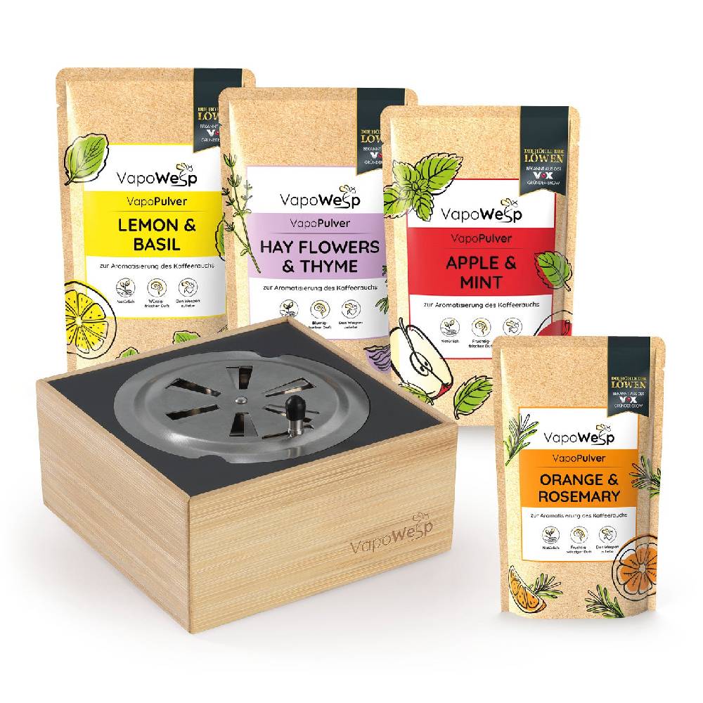 VapoWesp Räucherbox inkl. Orange & Rosemary (50 g) + Lemon & Basil (100 g) + Hay Flowers & Thyme (100 g) + Apple & Mint (100 g)