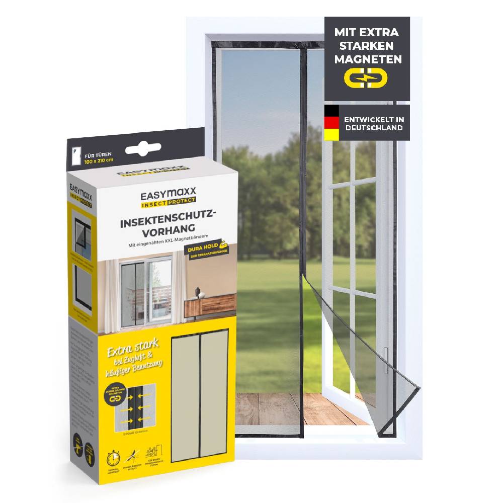 EASYmaxx Insektenschutzvorhang mit eingenähten XXL-Magnetbändern - 100 x 210 cm - Schwarz