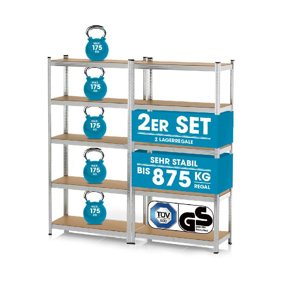 EASYmaxx Schwerlastregal & Werkbank mit GS - Bis zu 175 kg Tragkraft je Regalboden - 180 x 90 x 40 cm - 2er-Set
